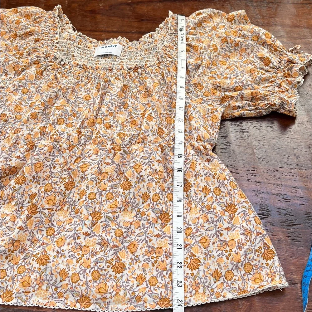 OLD NAVY Peasant Smocked Puff-Sleeve Peplum Blouse Multi Ditsy Orange/Cream L
